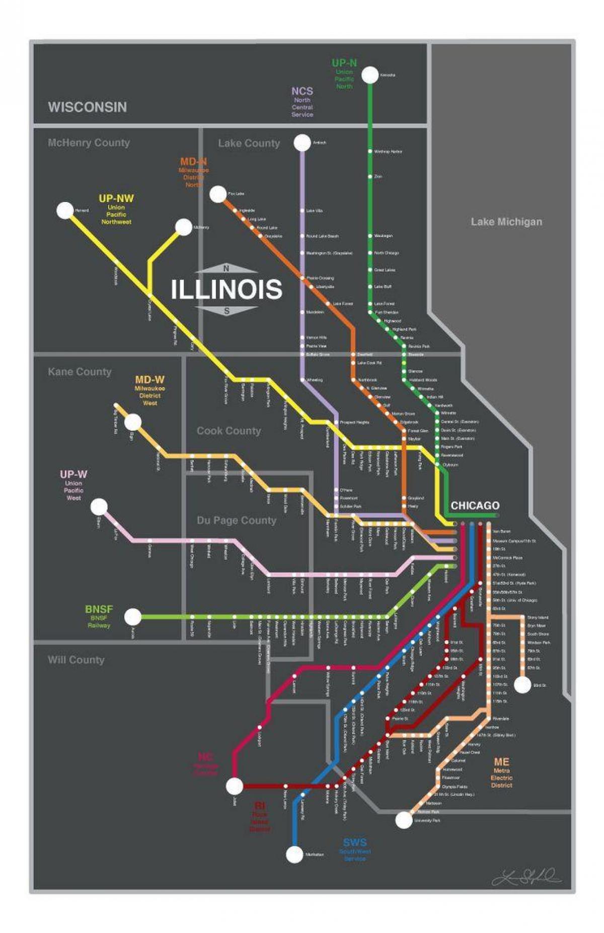 metry pociągu na mapie Chicago