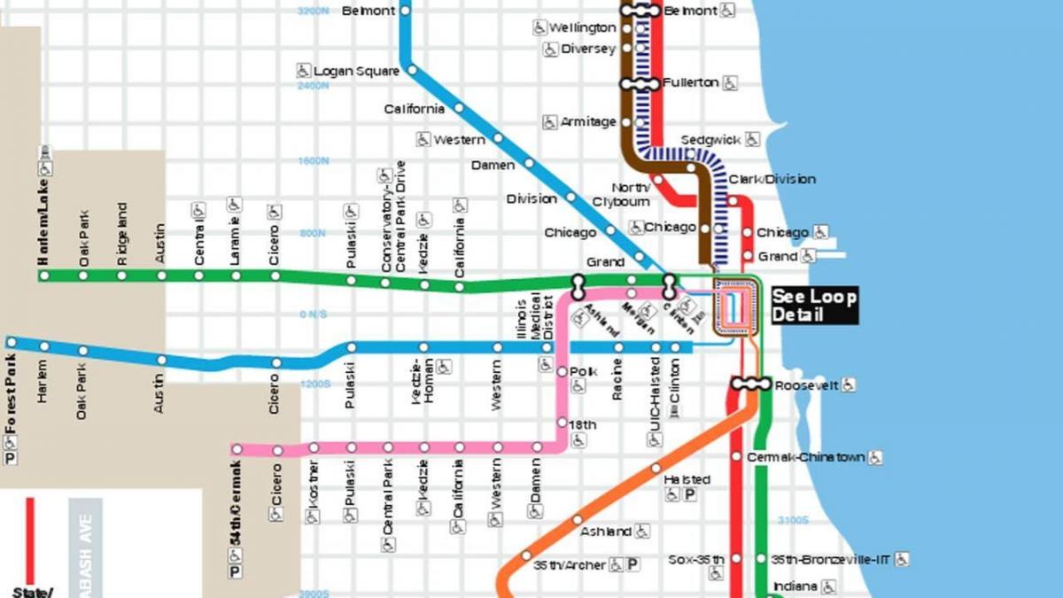 mapa Chicago niebieskiej linii